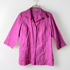 Peter Martin Linen Embroidered Top Womens Large Pink Floral 3/4 Sleeve Coastal